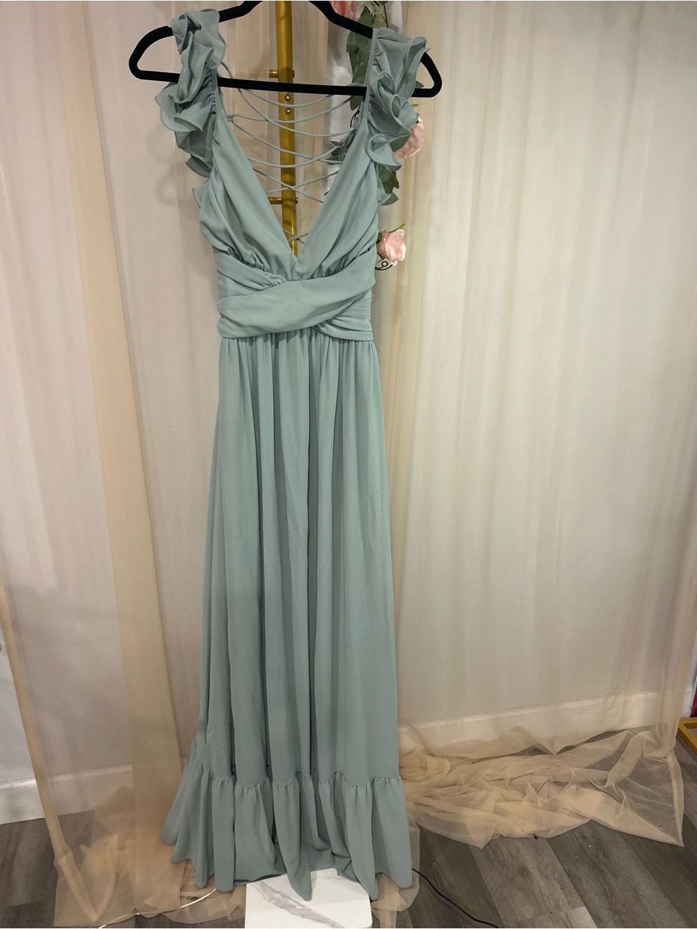 Lulus Sage Green Ruffle Lace-Up Back Maxi Dress NWT Medium - Picture 5 of 9